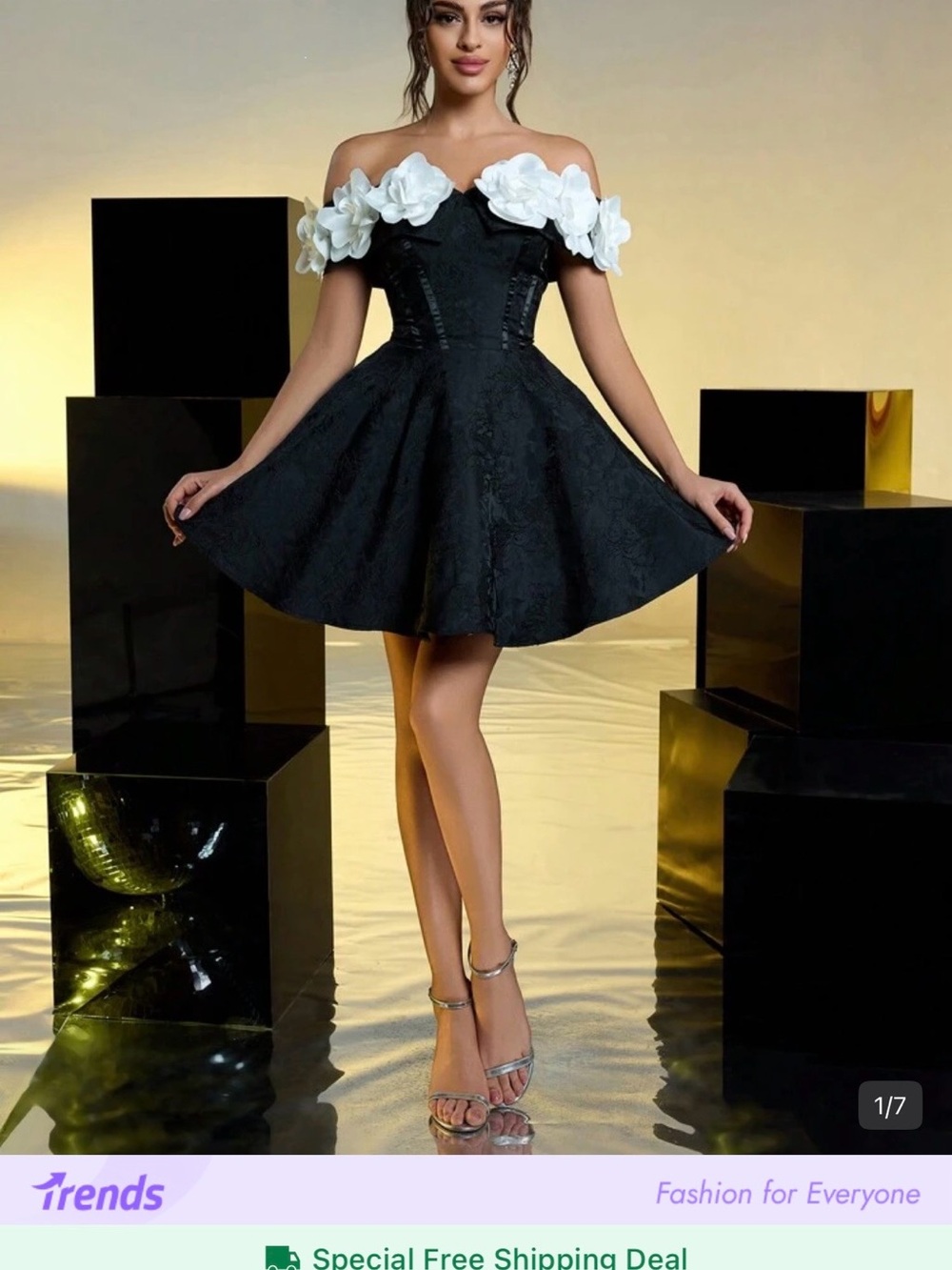 SHEIN Black Off-Shoulder Mini Dress with White Floral Appliqués